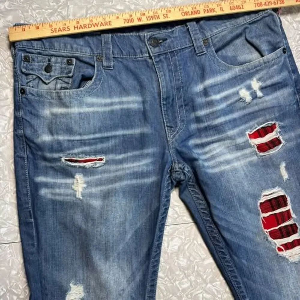 True Religion Ricky Straight Leg Jeans Size 40 with Plaid Patches